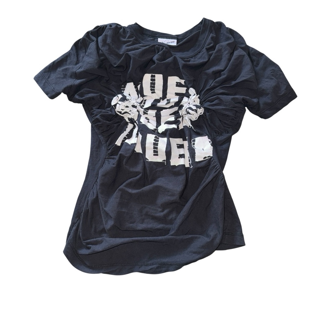 Black Graphic Short Sleeve Tee with Ruched Front